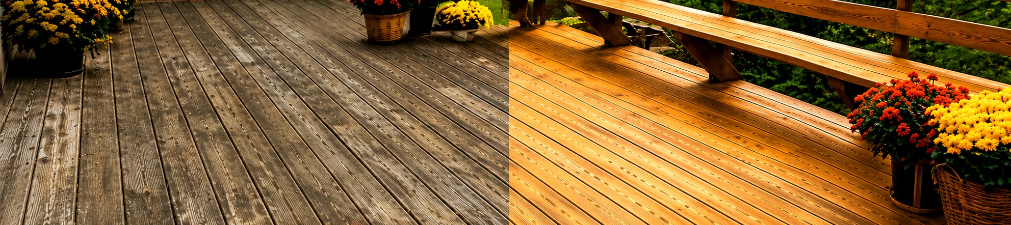 Split-screen before and after photo of a Michigan deck, weathered gray wood on the left and a freshly hand-brushed golden stain on the right